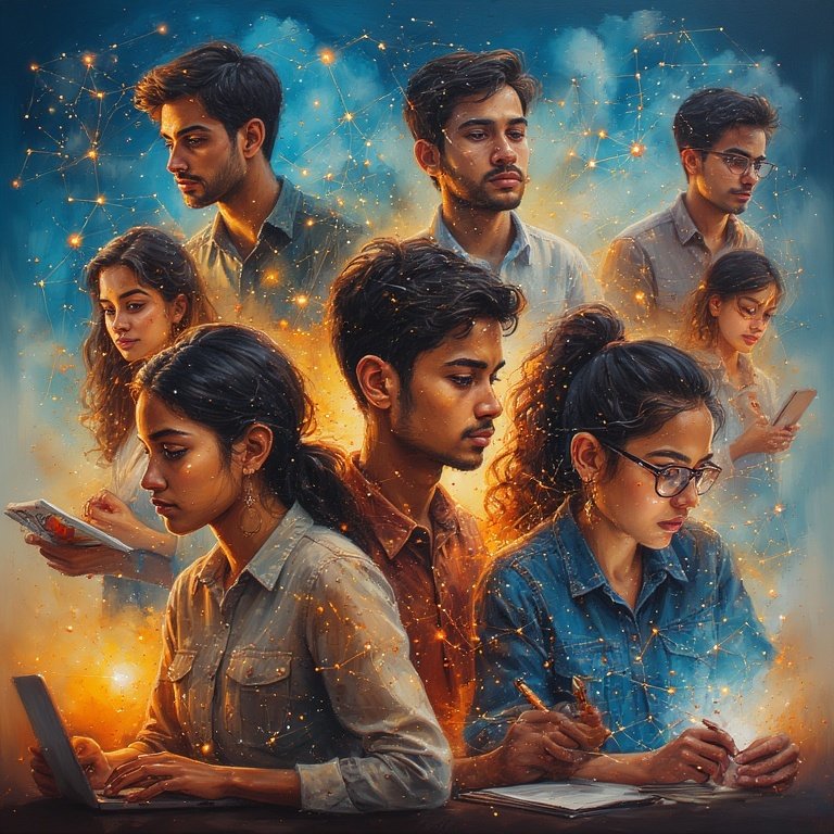 Group of diverse students using laptops and notebooks, symbolizing AI text generator learning in a cosmic, connected network.